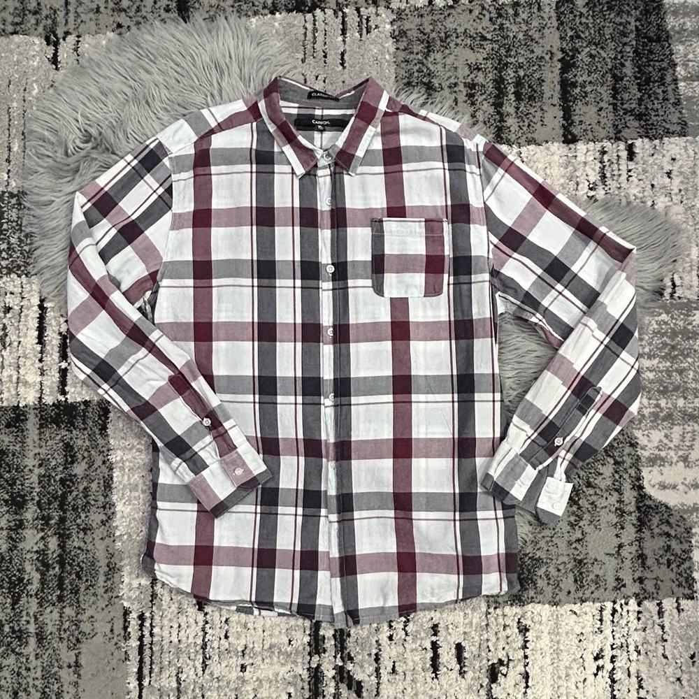 Carbon Mens XLarge Shirt Button Down Long Sleeve Plaid Classic Fit